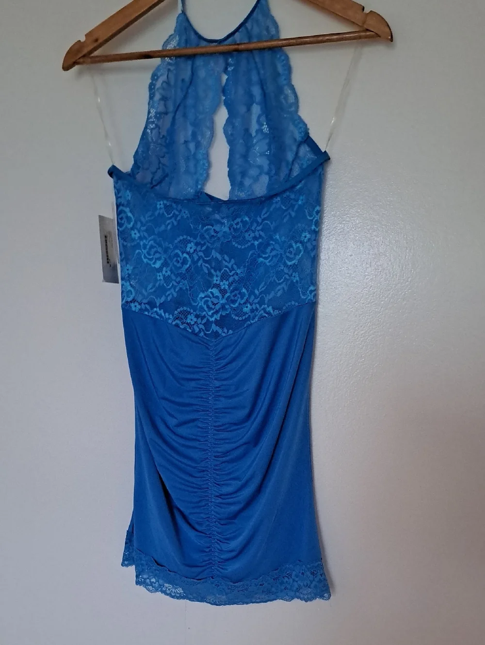 Coquette Lace Halter Chemise Mini Dress in Teal Blue